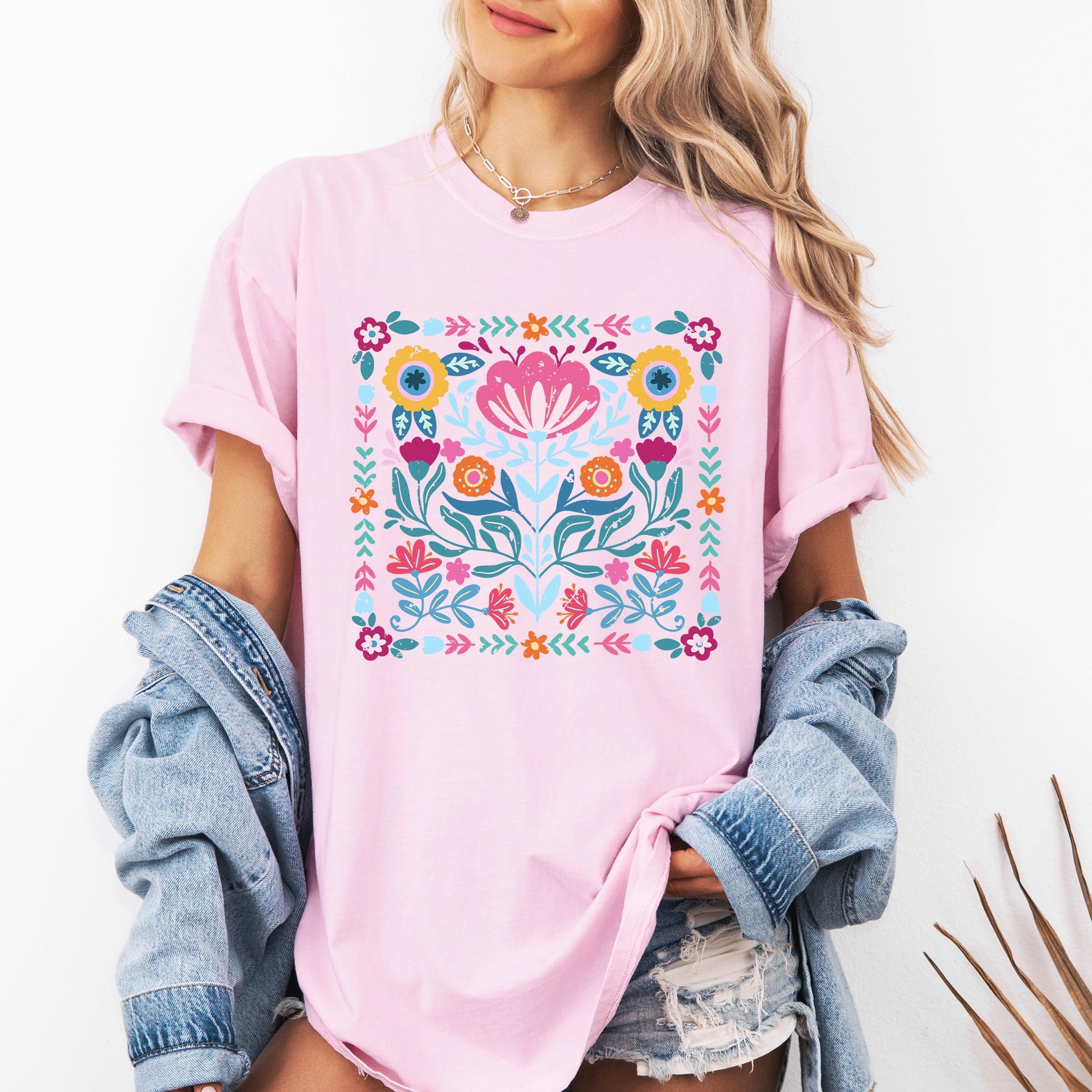 Folk Art Flowers - Comfort Colors T-Shirt – Blossom Light Pink T-Shirt