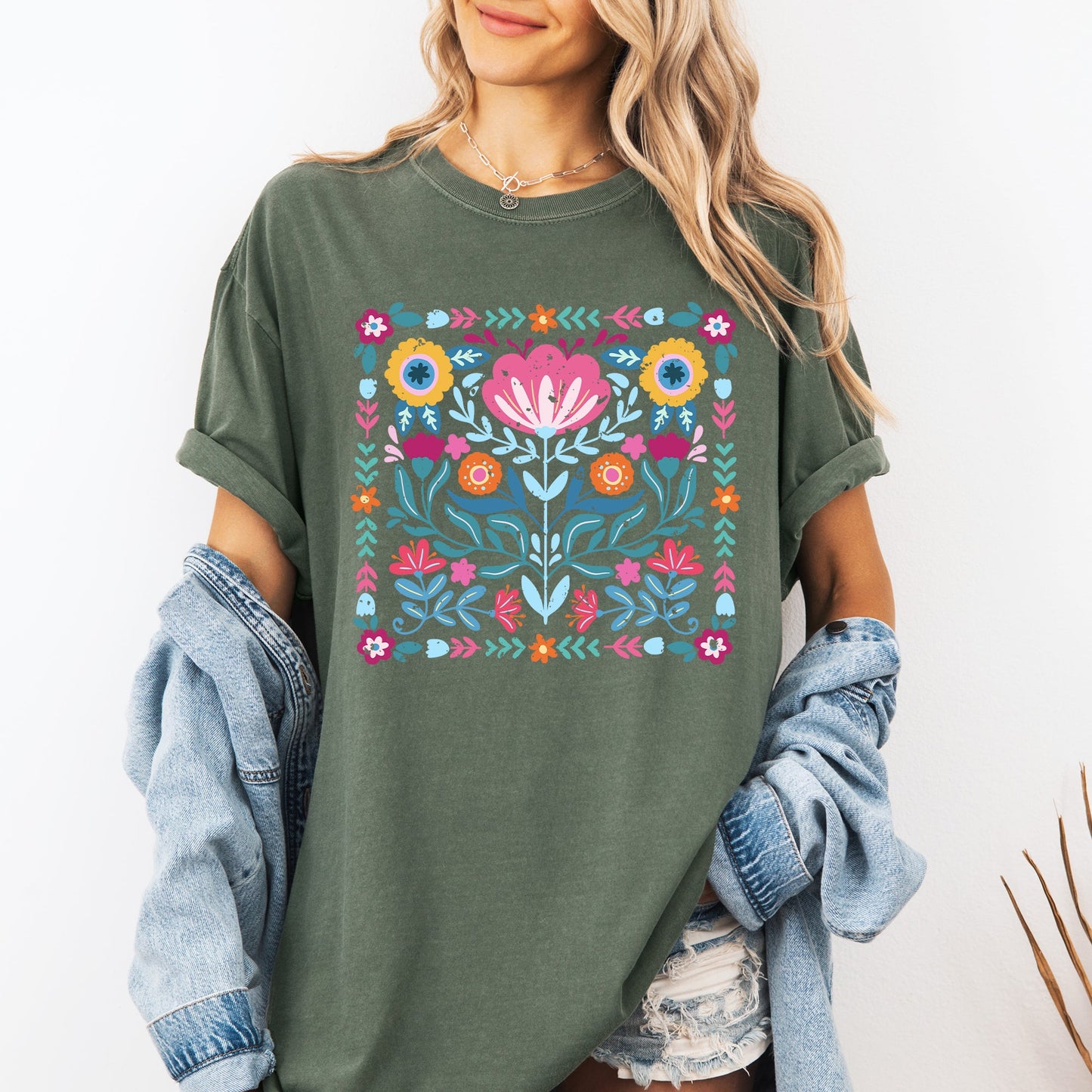 Folk Art Flowers - Comfort Colors T-Shirt – Moss Dark Green T-Shirt