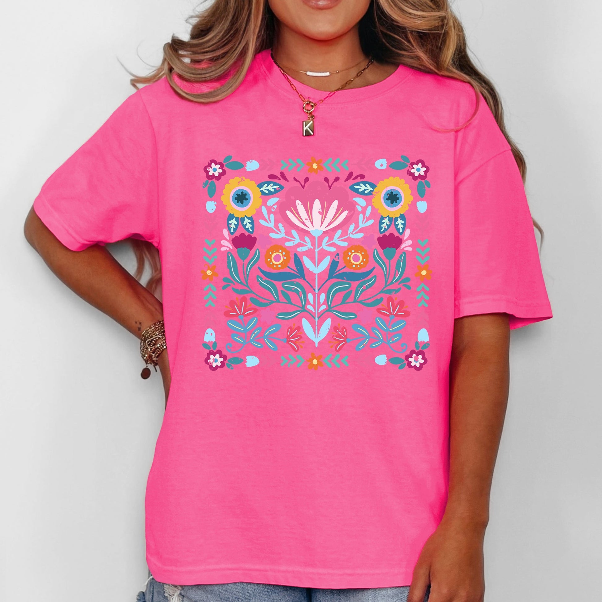 Folk Art Flowers - Comfort Colors T-Shirt – Neon Pink T-Shirt