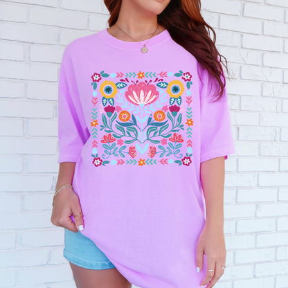 Folk Art Flowers - Comfort Colors T-Shirt – Neon Violet T-Shirt