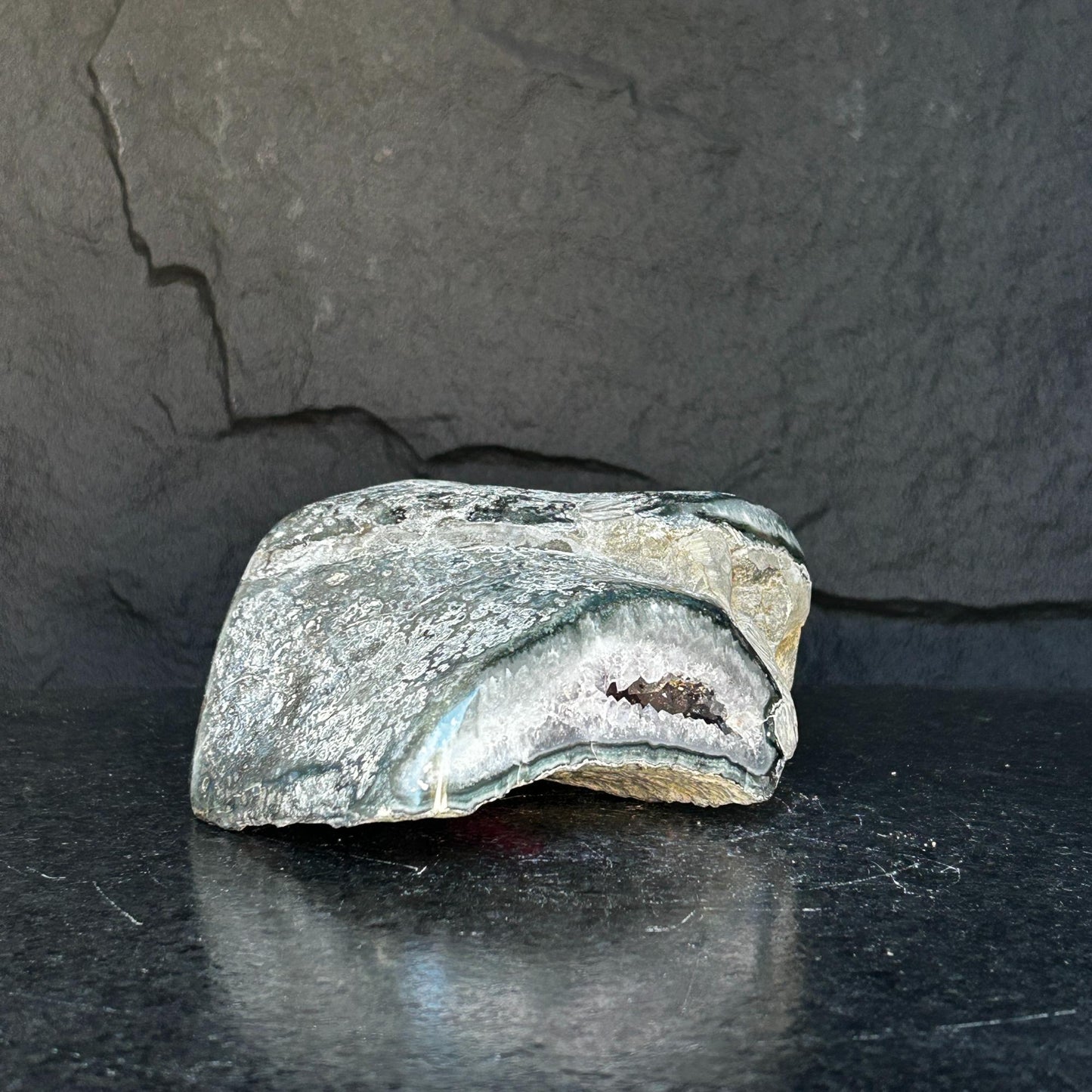 The largest Amethyst Geode Centerpiece, Extra Large decor piece, Outstanding Purple crystal with green agate details