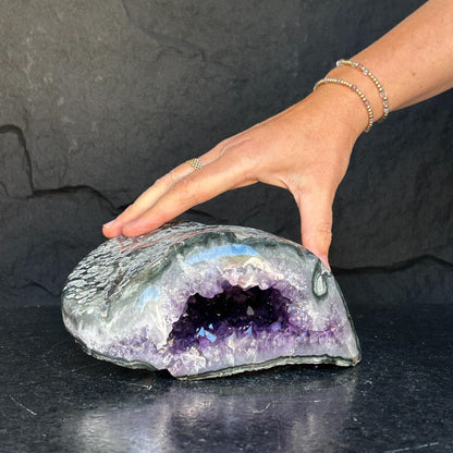 The largest Amethyst Geode Centerpiece, Extra Large decor piece, Outstanding Purple crystal with green agate details