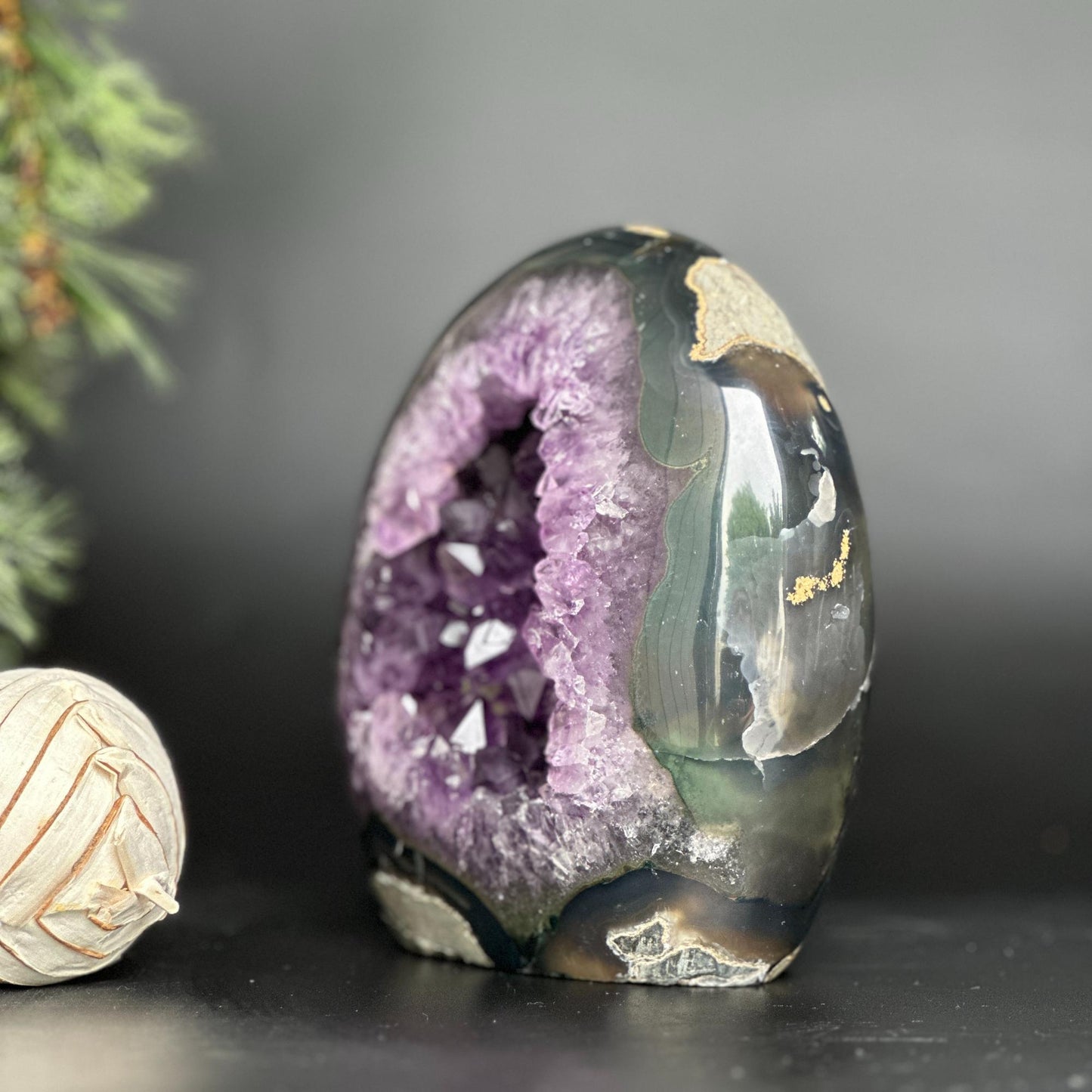 Amethyst Geode Crystal Egg with incredible Agate formations, Natural cave shaped polished agate stone