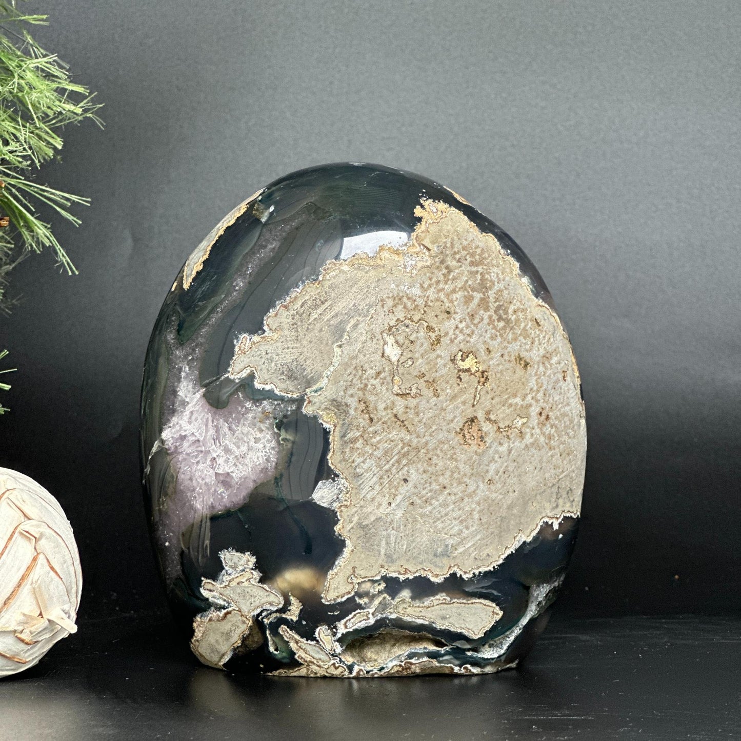 Amethyst Geode Crystal Egg with incredible Agate formations, Natural cave shaped polished agate stone