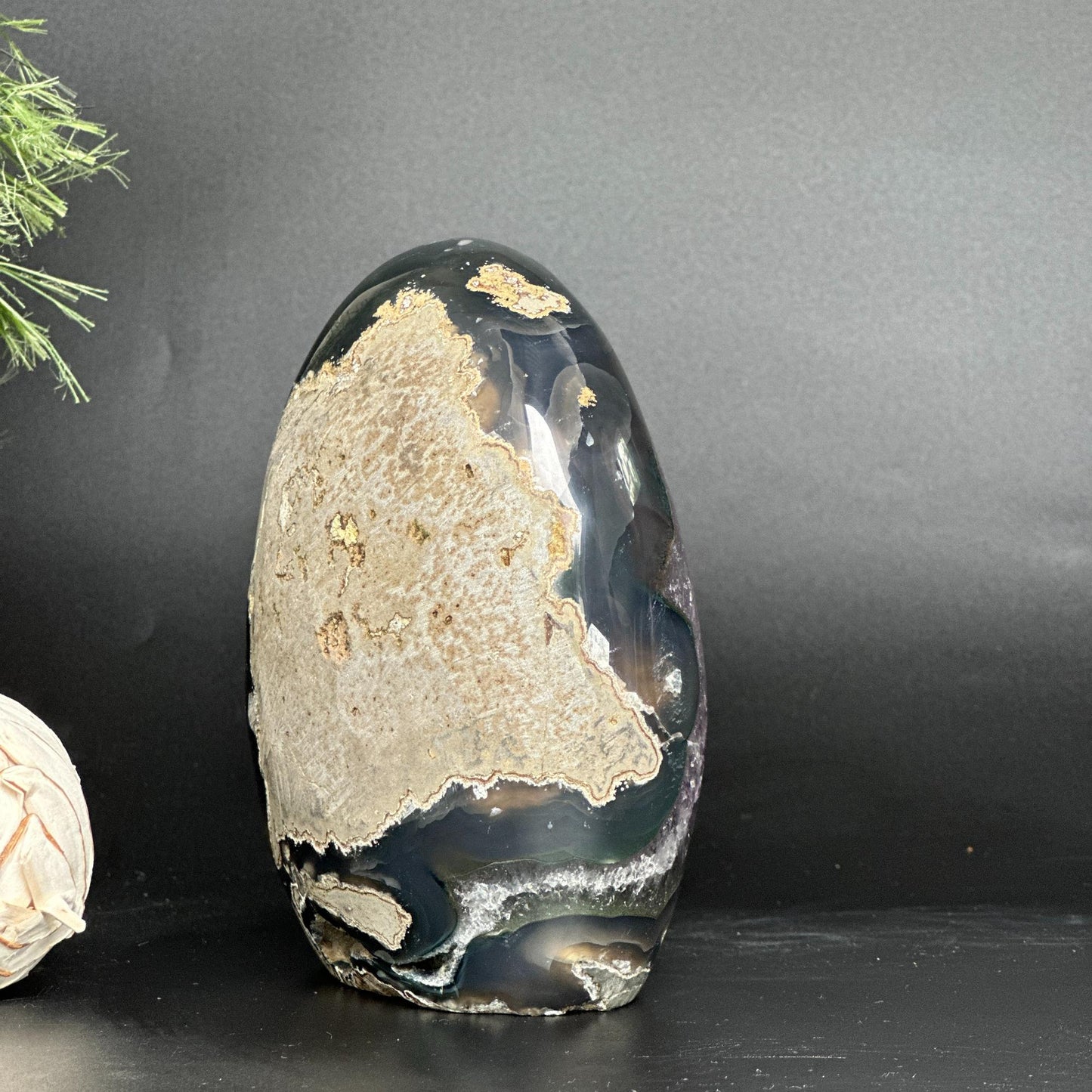 Amethyst Geode Crystal Egg with incredible Agate formations, Natural cave shaped polished agate stone