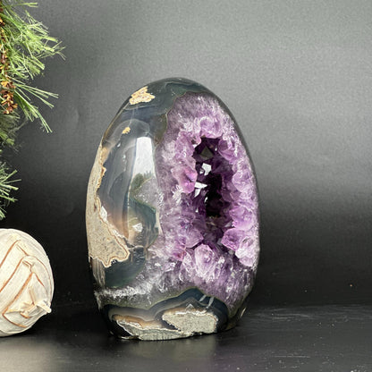 Amethyst Geode Crystal Egg with incredible Agate formations, Natural cave shaped polished agate stone