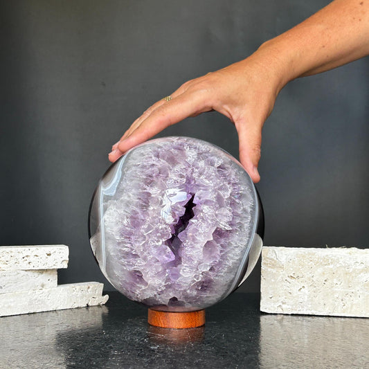 Amethyst & Agate Sphere – Open Crystal Ball with Druzy Center