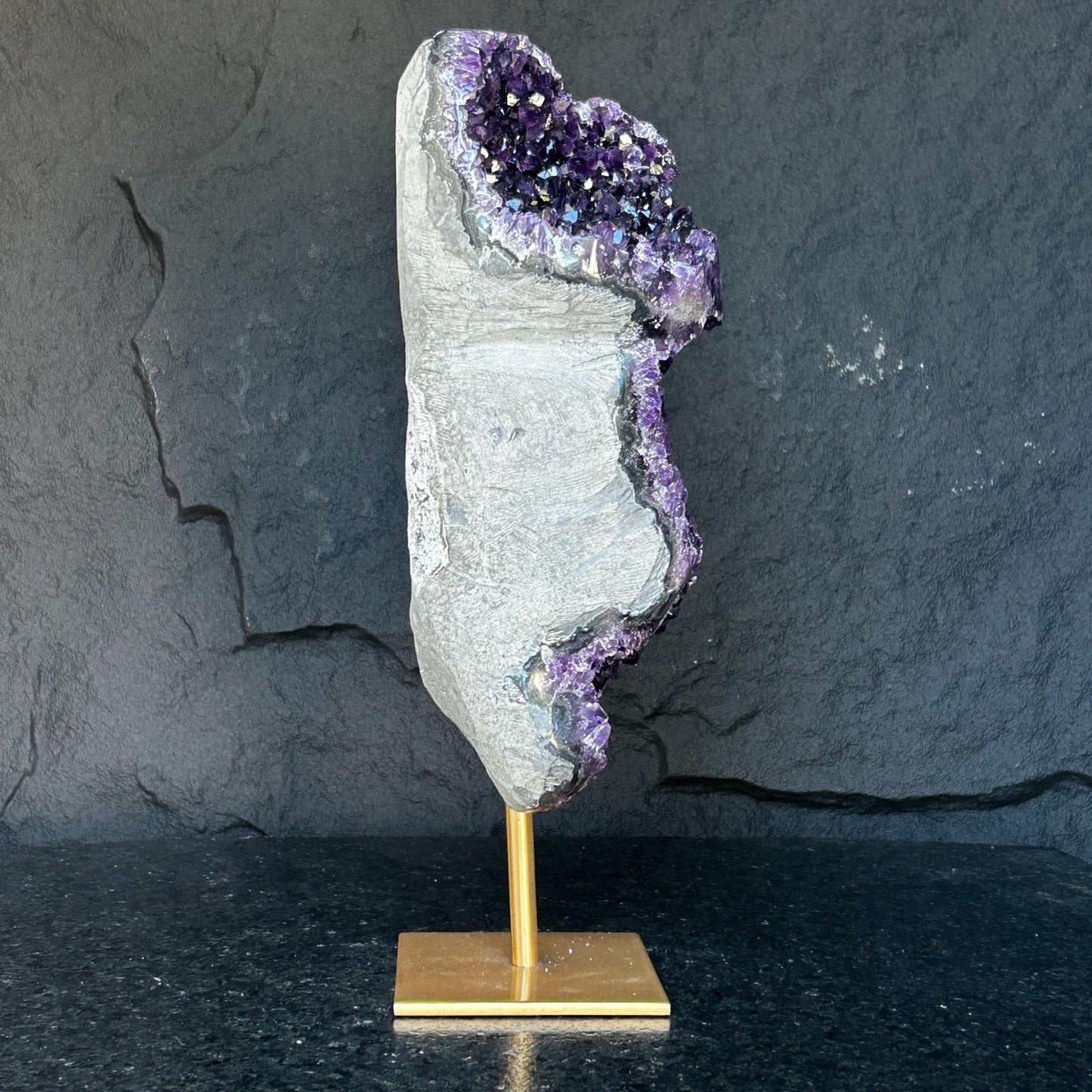 Lg. Amethyst Statement Piece, Golden Metal Stand - (URUGUAY) Ethically Sourced