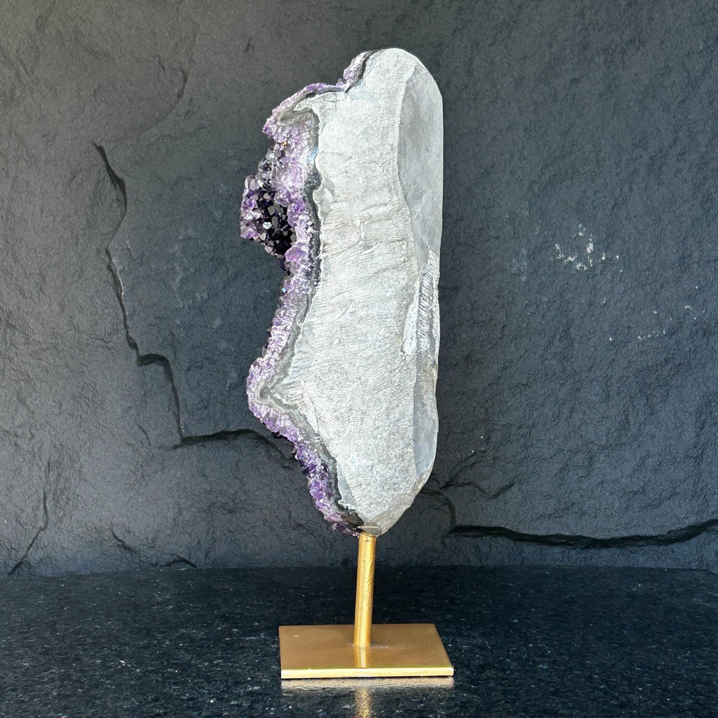 Lg. Amethyst Statement Piece, Golden Metal Stand - (URUGUAY) Ethically Sourced