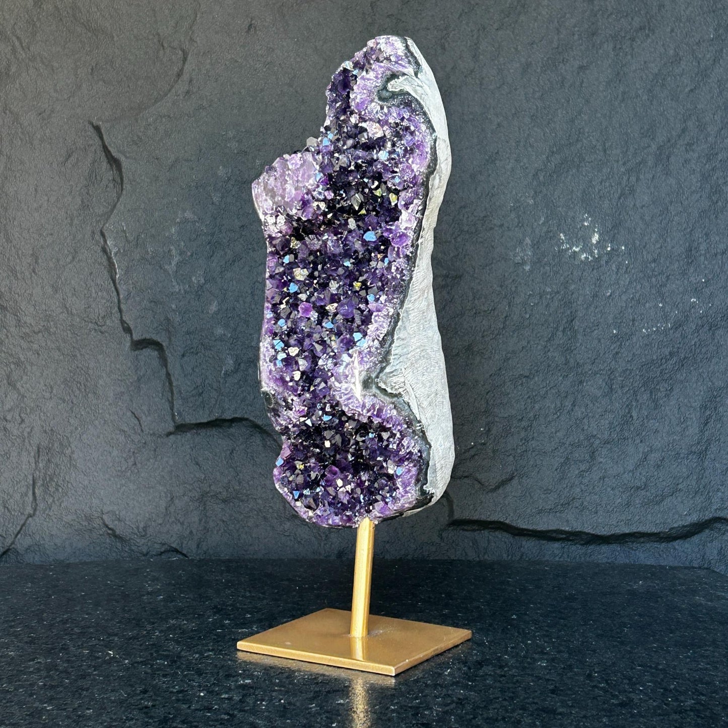 Lg. Amethyst Statement Piece, Golden Metal Stand - (URUGUAY) Ethically Sourced