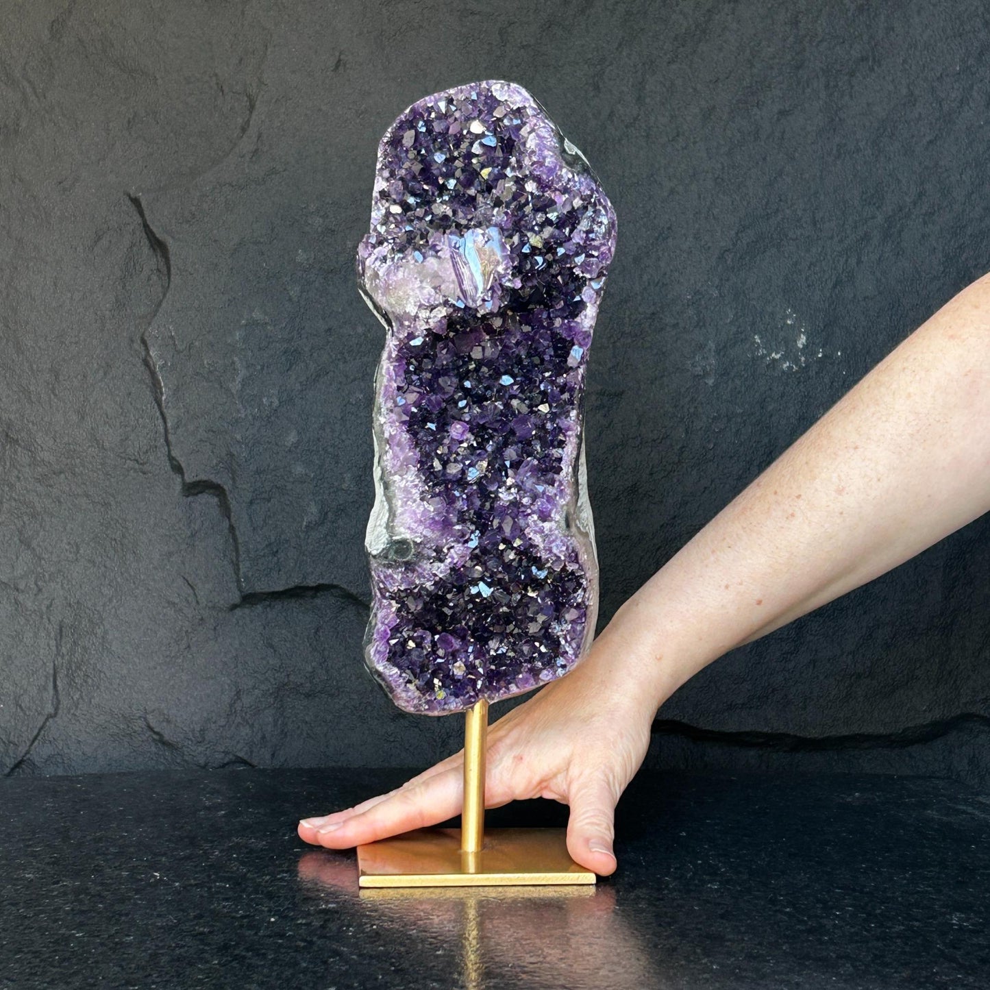 Lg. Amethyst Statement Piece, Golden Metal Stand - (URUGUAY) Ethically Sourced