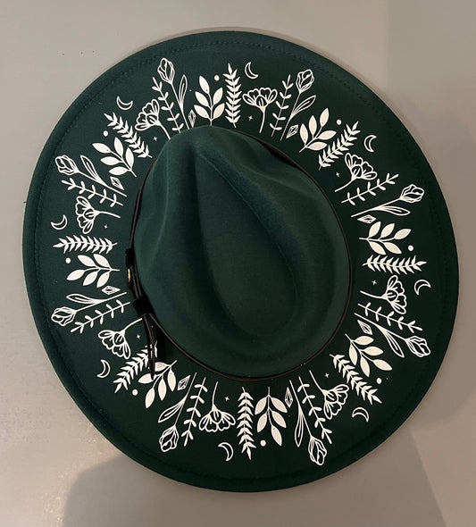 Vegan Felt Wide Brim Hat - XL Brim - Emerald - Botanicals