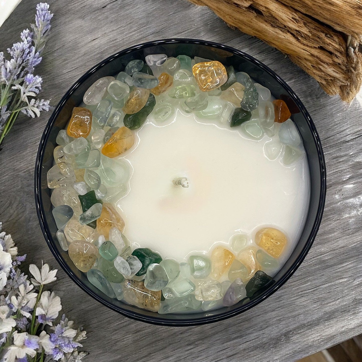 Midnight Tides Crystal Candle with Fluorite, Citrine, & Green Aventurine | Coconut-Soy Wax Candle, 9oz