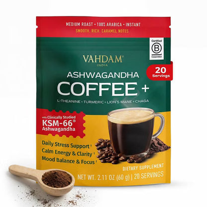 VAHDAM Ashwagandha Coffee+ Instant Arabica Coffee – 20 Servings