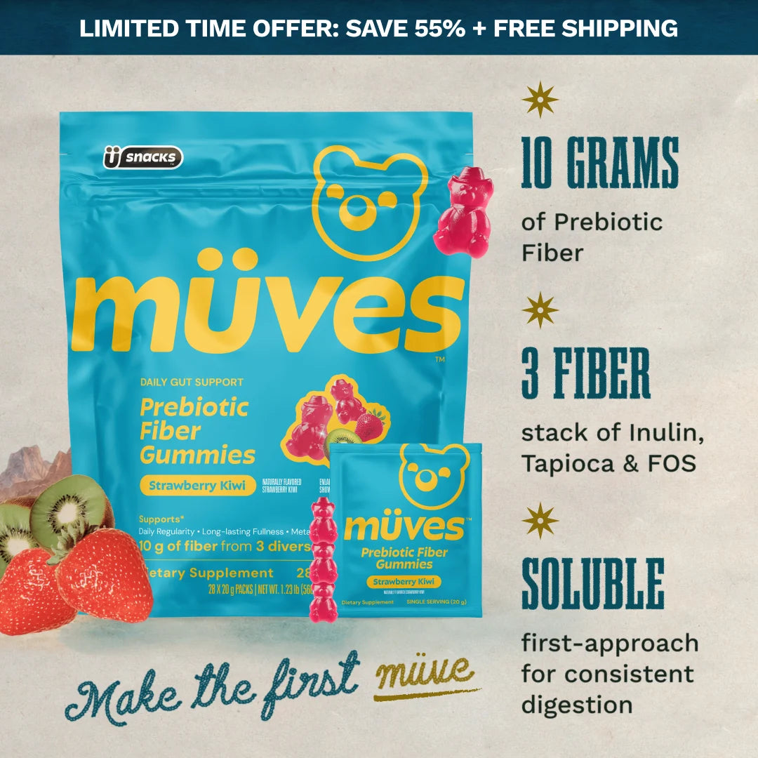 Müves by Grüns Low Sugar Prebiotic Fiber Gummies – 28 Packs, Strawberry Kiwi