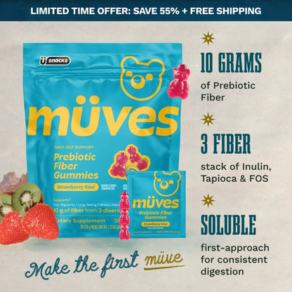 Müves by Grüns Low Sugar Prebiotic Fiber Gummies – 28 Packs, Strawberry Kiwi