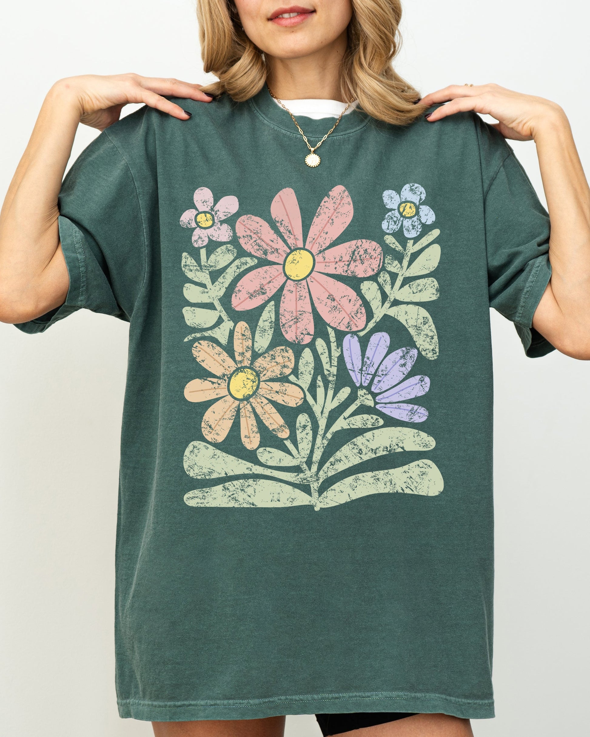 Groovy, Gorgeous Flowers, Boho Floral Design - Comfort Colors T-Shirt – Blue Spruce T-Shirt