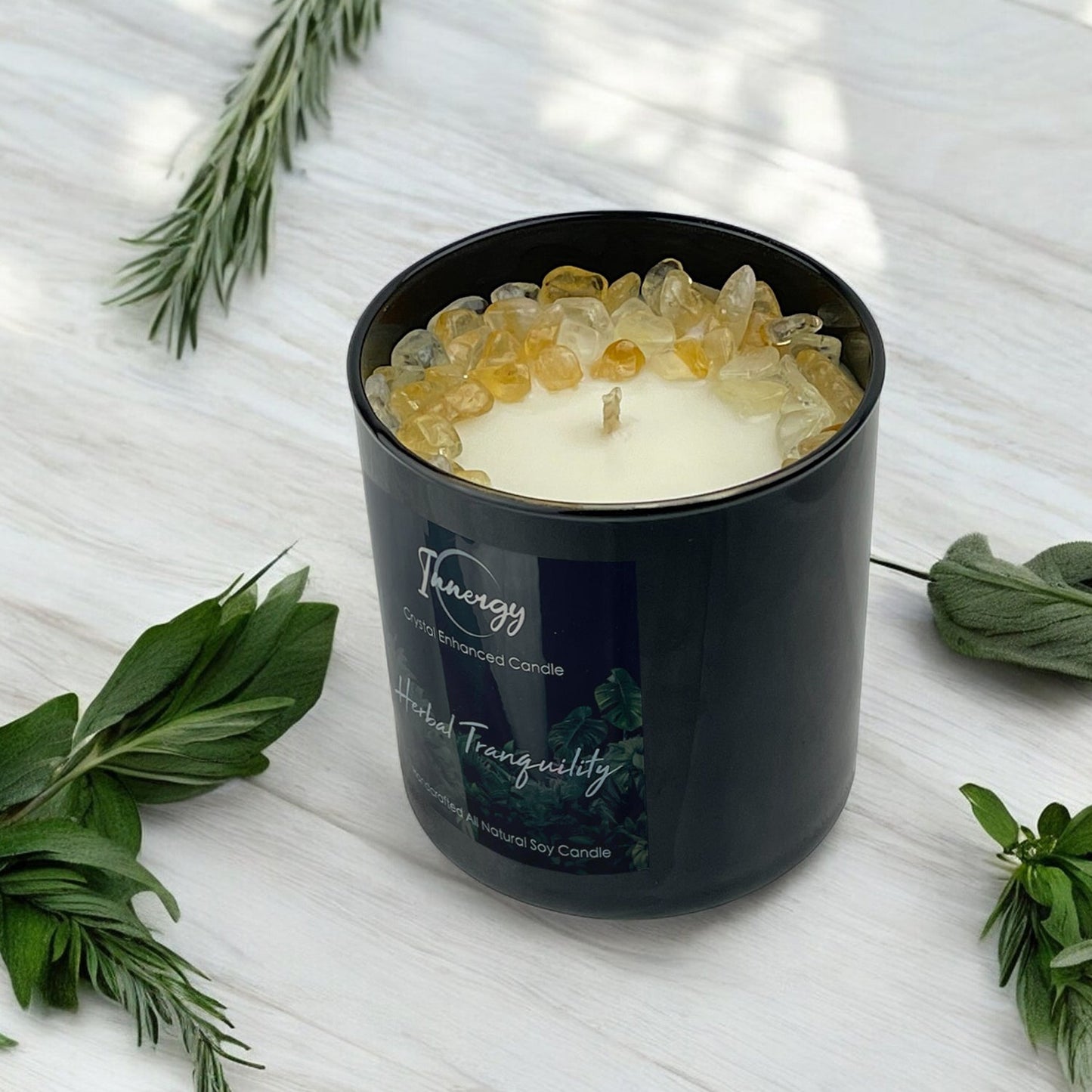 Herbal Tranquility Crystal Candle with Citrine | Coconut-Soy Wax Candle, 9oz – Crystal Candle