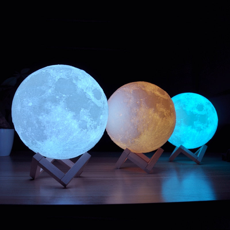 3D Moon Lamp with Wooden Base | 16 Colors & Rechargeable