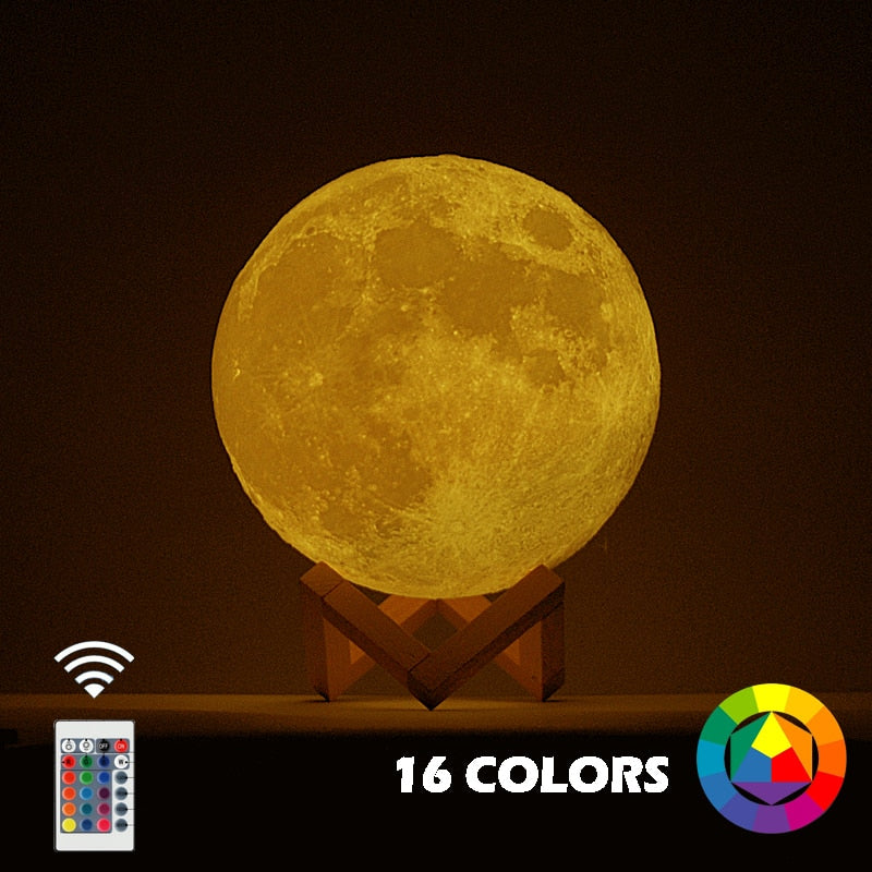 3D Moon Lamp with Wooden Base | 16 Colors & Rechargeable