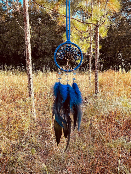 Handmade Blue Tree of Life Dreamcatcher with Blue & Black Feathers - Lapis Lazuli -- Rearview Mirror Hanging or Wall Hanging