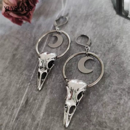Crow Skull Crescent Moon Earrings