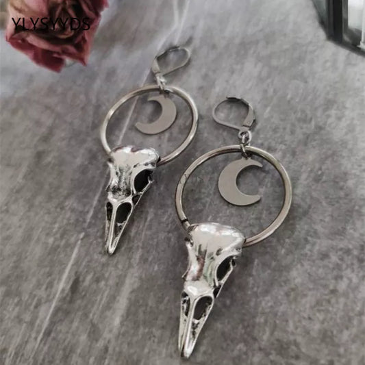 Crow Skull Crescent Moon Earrings