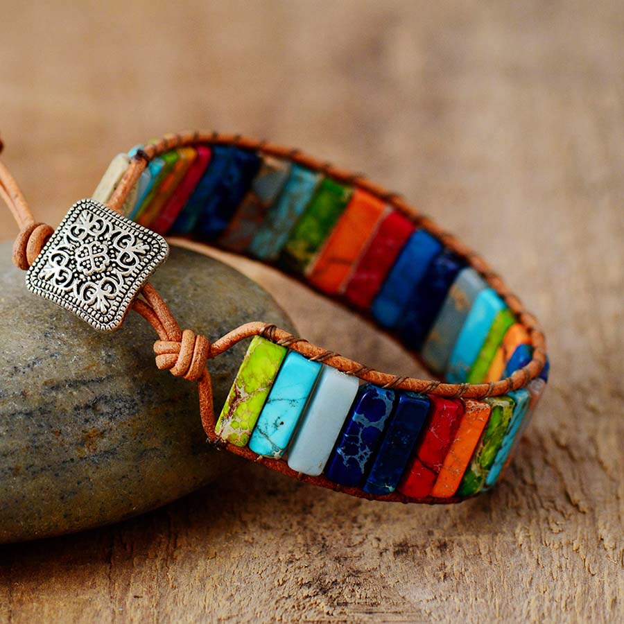 Color Burst Jasper Chakra Bracelet – Adjustable Leather