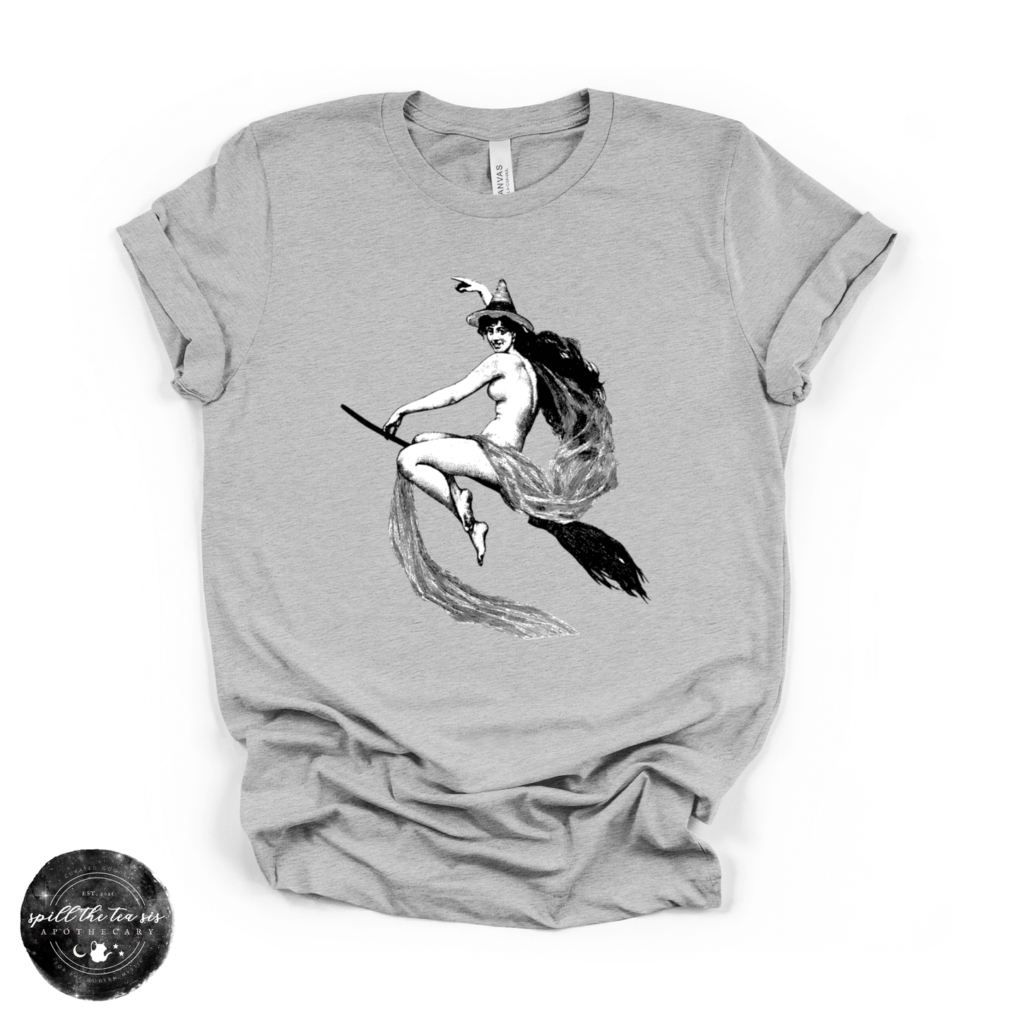 Flying Witch Tee | Witchy Graphic T-Shirt – Heather Athletic Grey