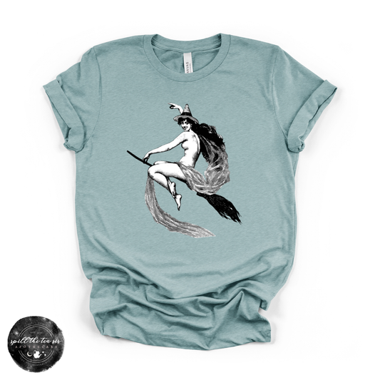 Flying Witch Tee | Witchy Graphic T-Shirt – Heather Blue Lagoon