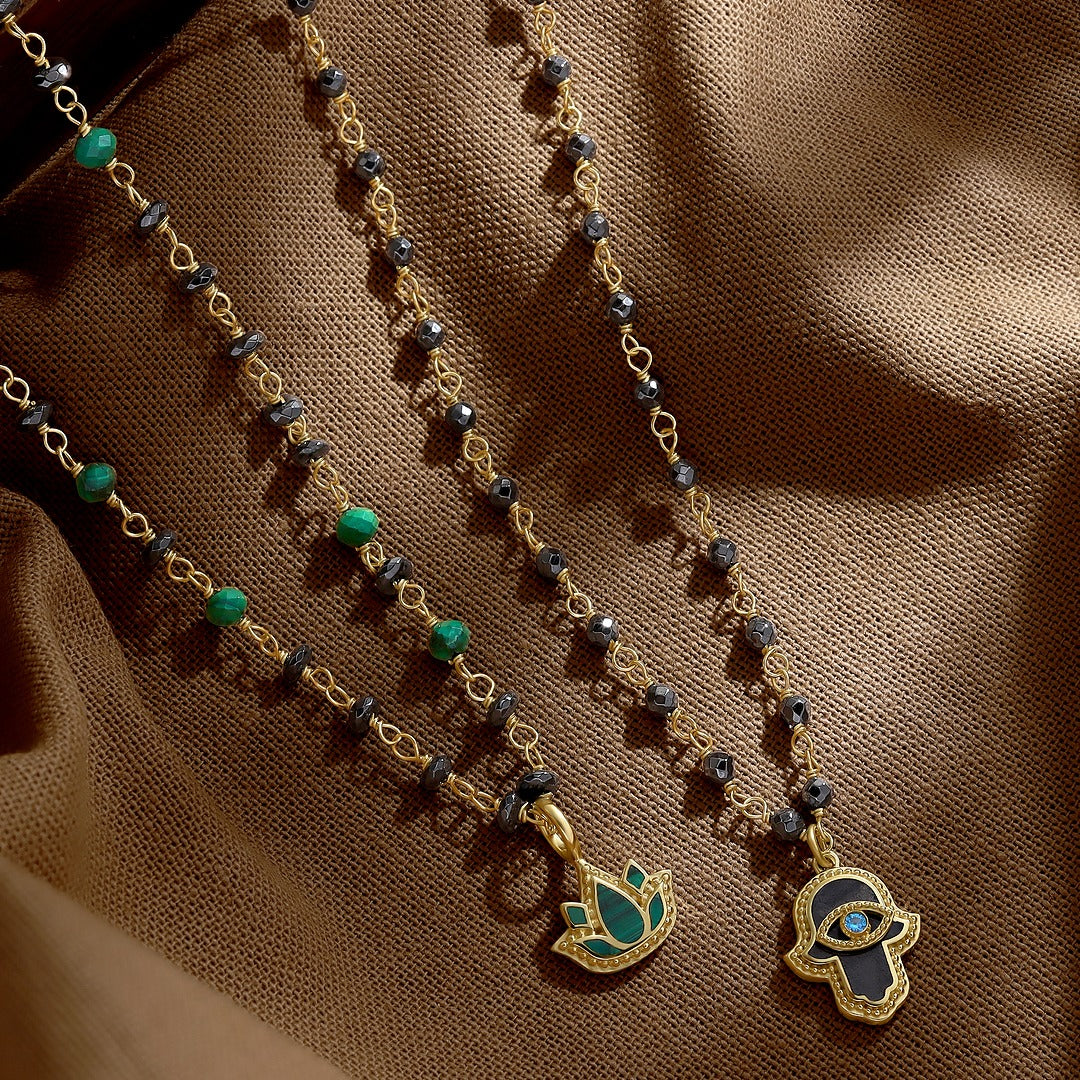 Celestial Flow – Hamsa Hematite & Aquamarine Necklace – Necklaces - Womens