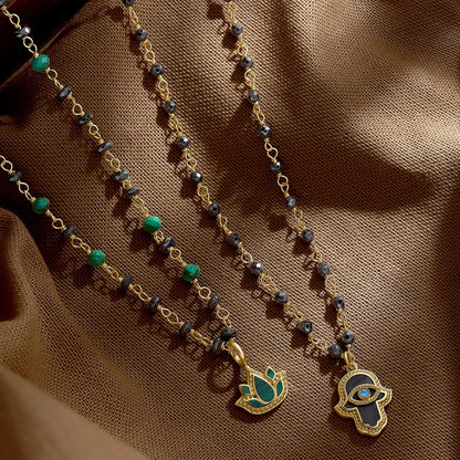 Celestial Flow – Hamsa Hematite & Aquamarine Necklace – Necklaces - Womens