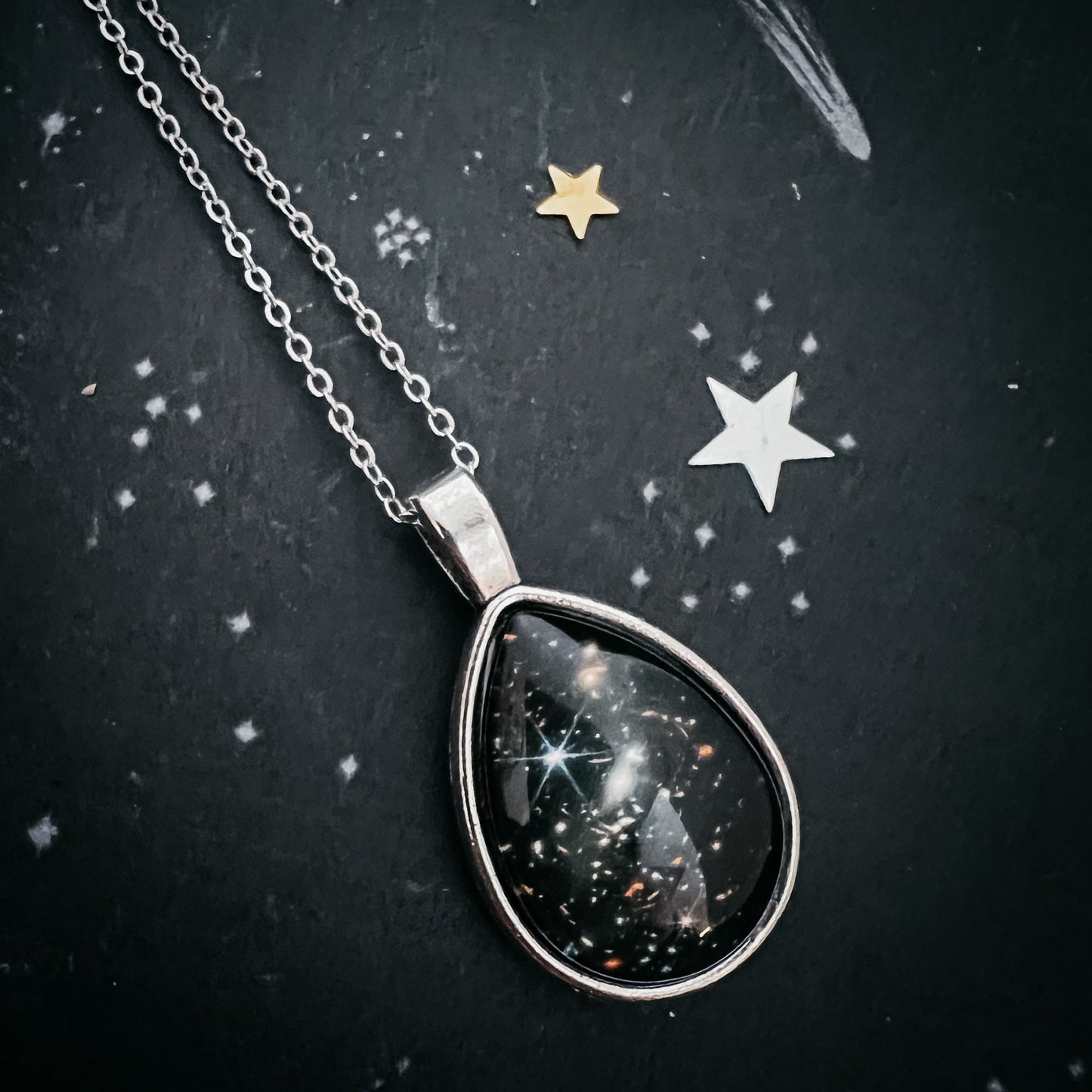 Deep Field Drops in Cosmic Ocean Teardrop Necklace – Antique Silver Tone Necklace