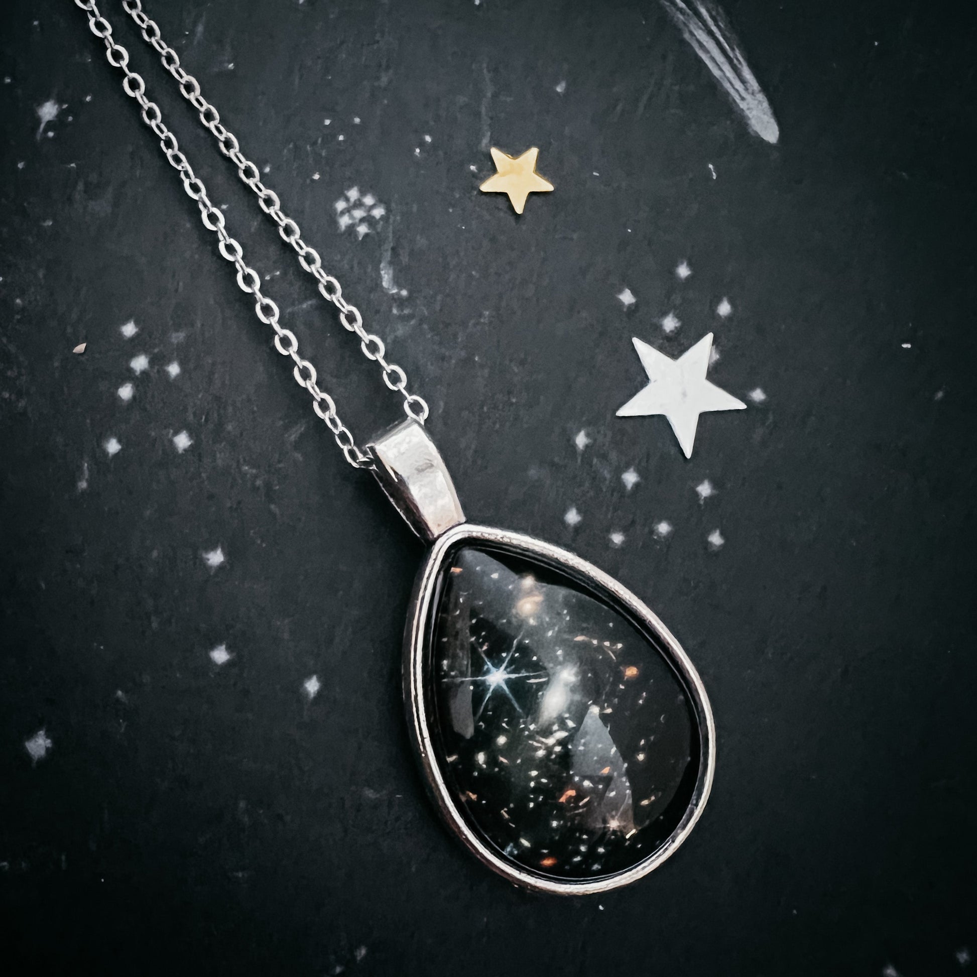 Deep Field Drops in Cosmic Ocean Teardrop Necklace – Antique Silver Tone Necklace