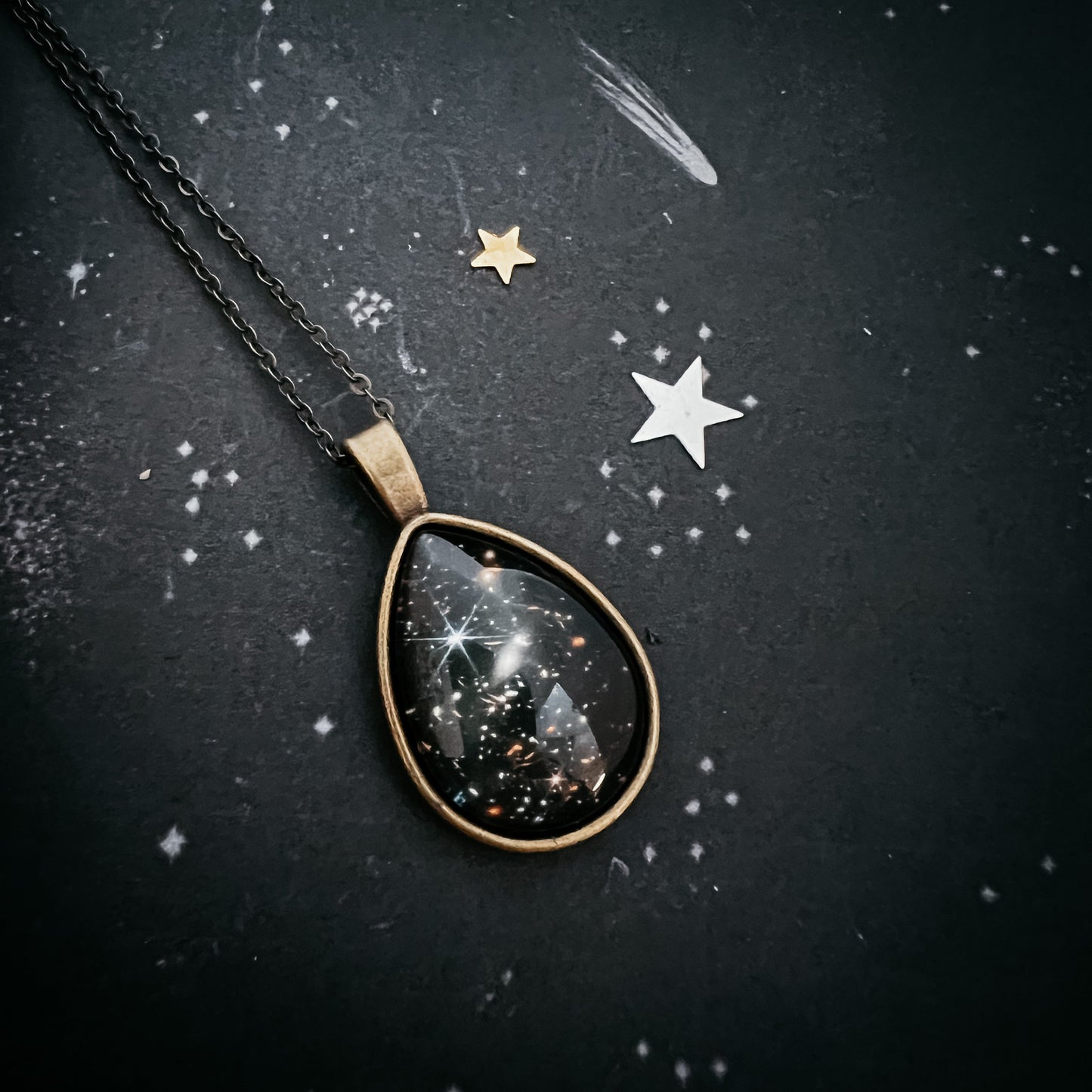 Deep Field Drops in Cosmic Ocean Teardrop Necklace – Antique Bronze Tone Necklace