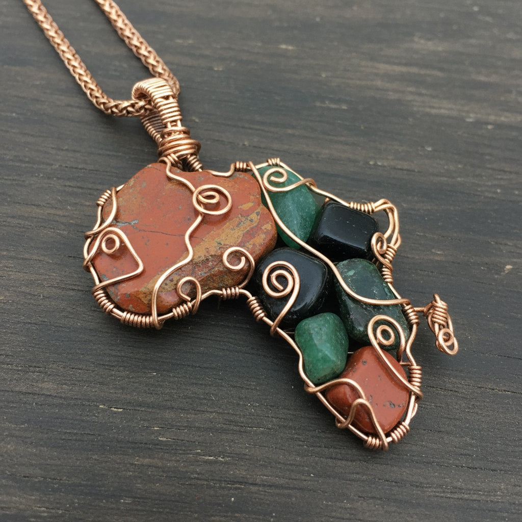 Custom copper wire wrapped red jasper, green aventurine and black obsidian, Africa necklace