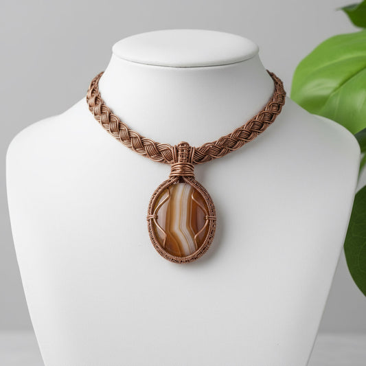 Custom copper wire wrapped agate necklace with braided necklace cord