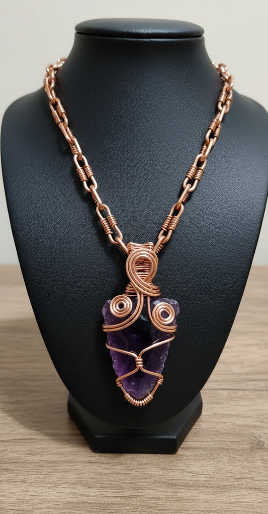 Copper Wore Wrapped Amethyst Arrowhead Necklace