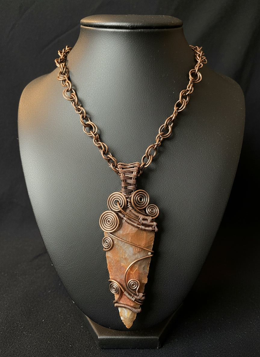 Copper Wire Wrapped Spiral Jasper Arrowhead Necklace With 2s Link Chain