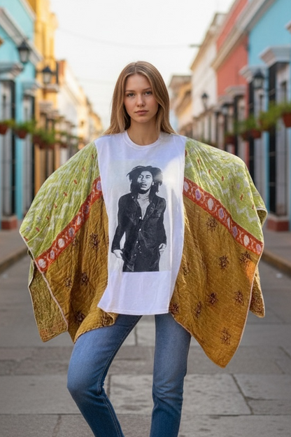 Bob Marley Upcycled Tee | Kantha Sleeve Boho Top – Up