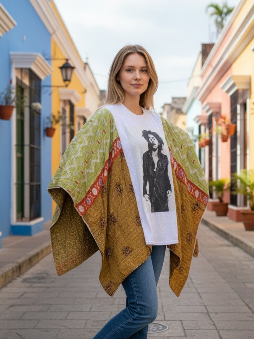 Bob Marley Upcycled Tee | Kantha Sleeve Boho Top – Up