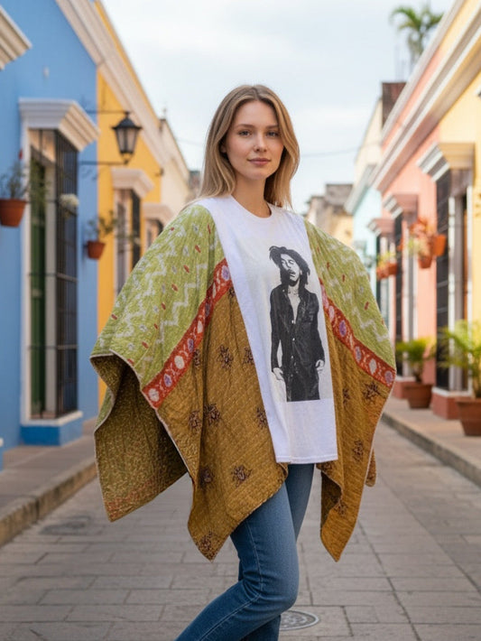 Bob Marley Upcycled Tee | Kantha Sleeve Boho Top – Up