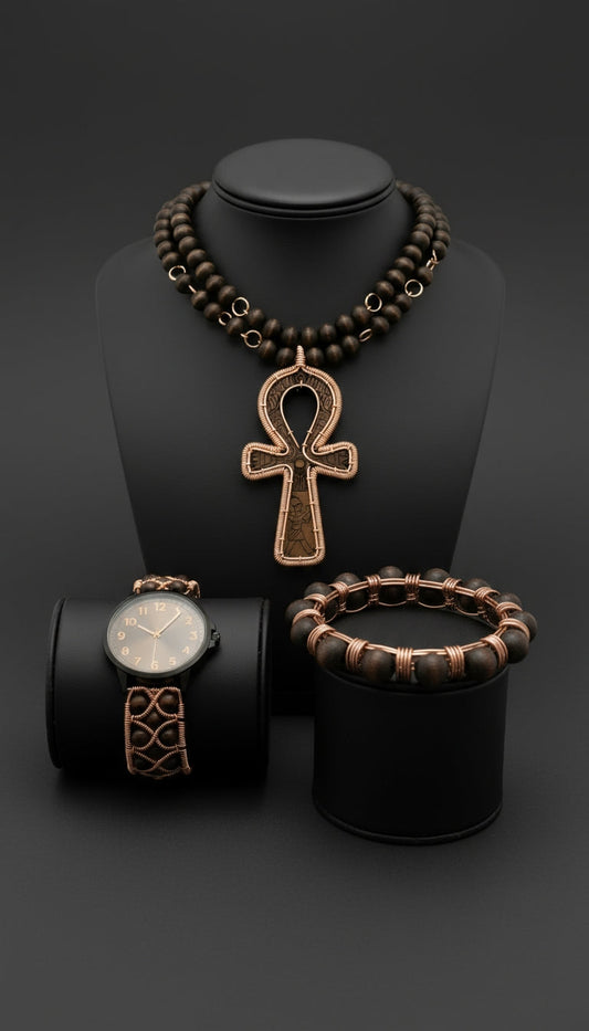 iamevibez Copper Wire Wrapped Rare Ghanaian Wood Ankh Set –