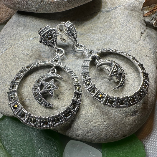 Crescent Moon Earrings with Garnet & Marcasite | Sterling Silver – Dangle Earrings