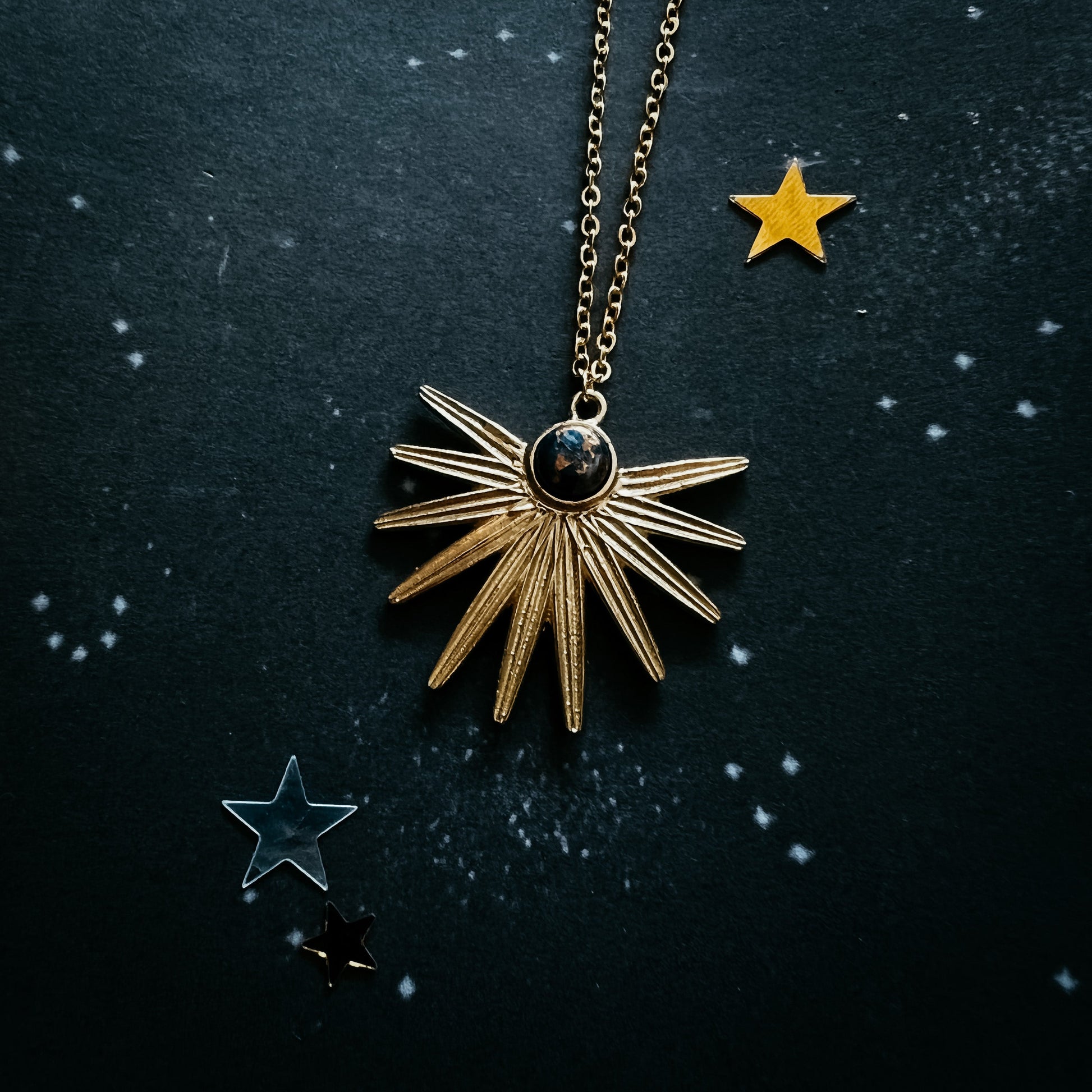 Dark Before the Dawn Sunburst Necklace with Copper Lapis Lazuli – Necklace