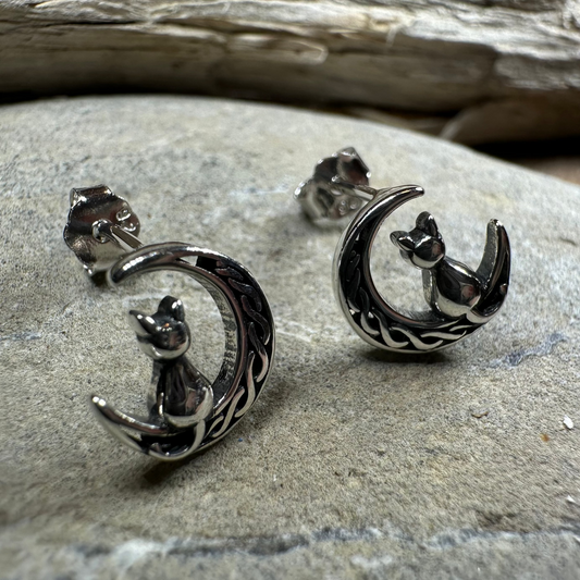 Celtic Cat & Crescent Moon Stud Earrings – Post Earrings