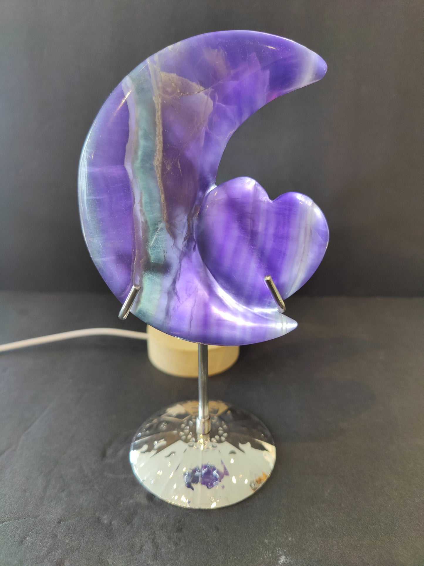 Purple Fluorite Half-Moon & Heart Sculpture on 5" Metal Stand – Lapidary