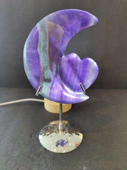 Purple Fluorite Half-Moon & Heart Sculpture on 5" Metal Stand – Lapidary