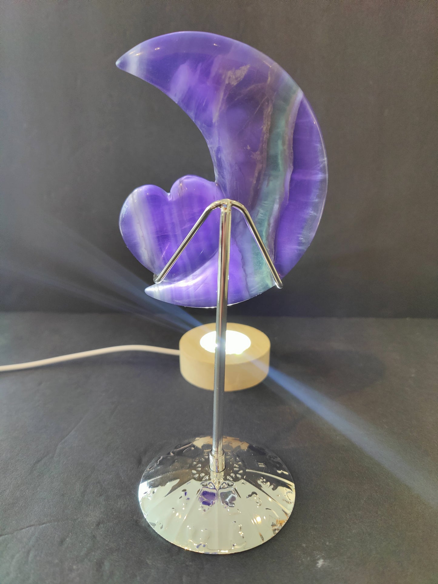 Purple Fluorite Half-Moon & Heart Sculpture on 5" Metal Stand – Lapidary