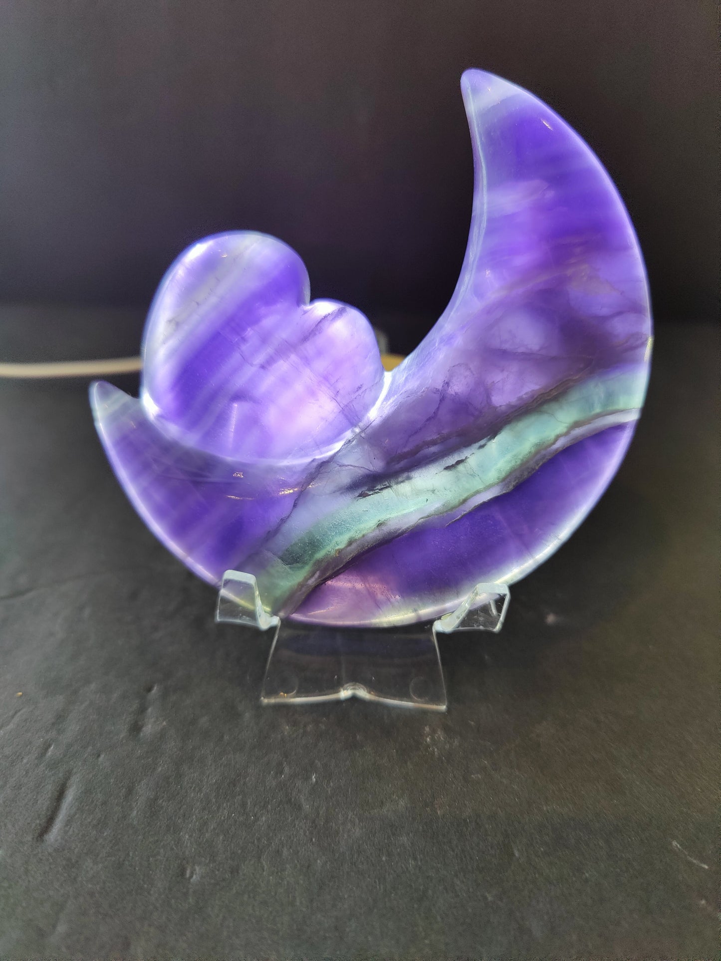 Purple Fluorite Half-Moon & Heart Sculpture on 5" Metal Stand – Lapidary